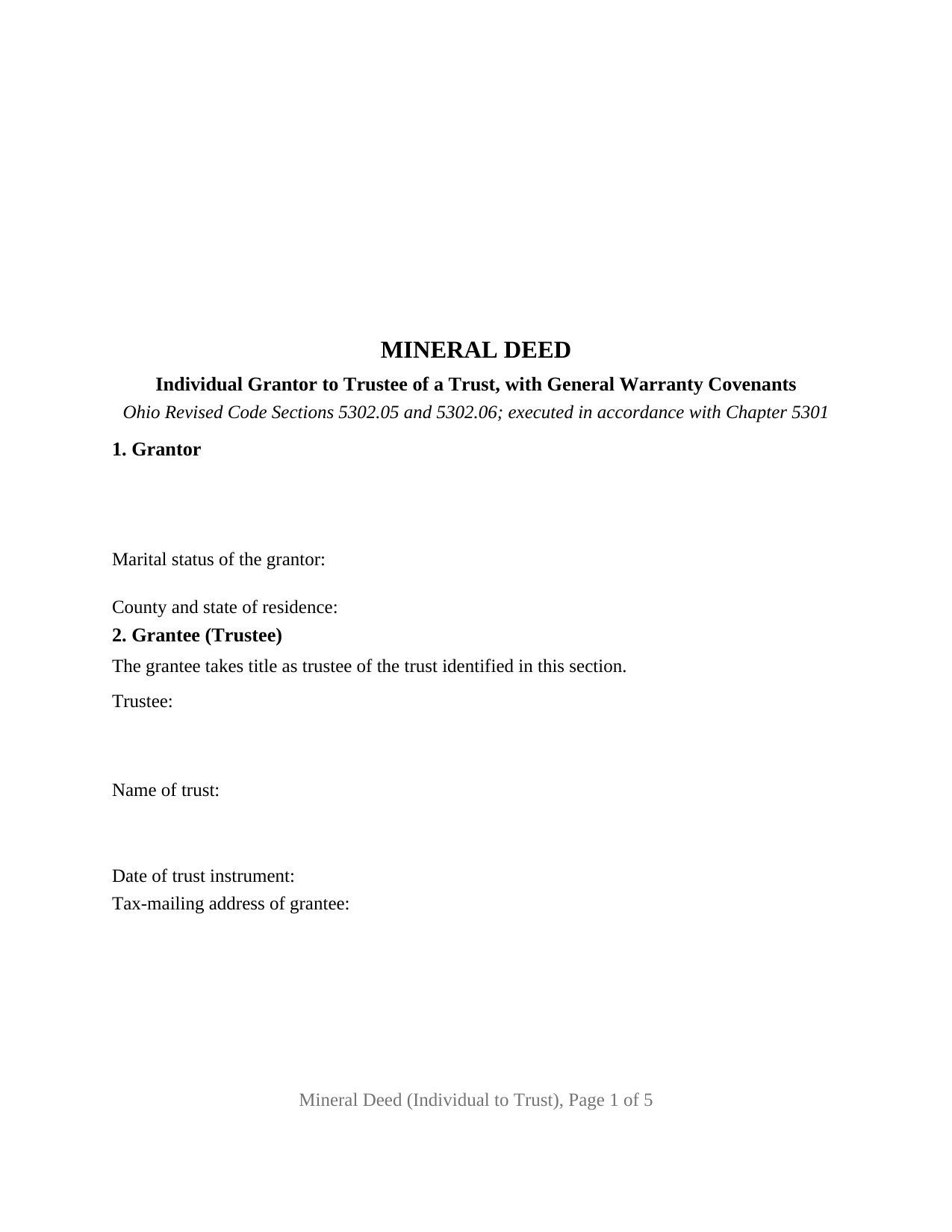 Clinton County Mineral Deed (Individual to Trust) Form