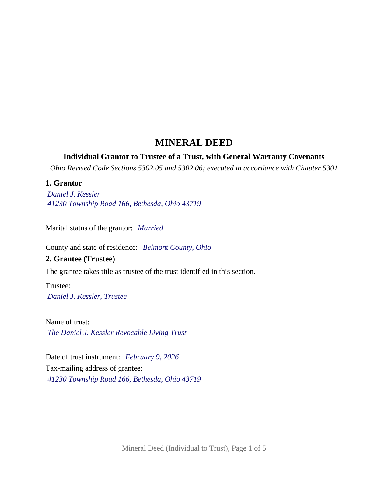 Clinton County Completed Example of the Mineral Deed (Individual to Trust) Document