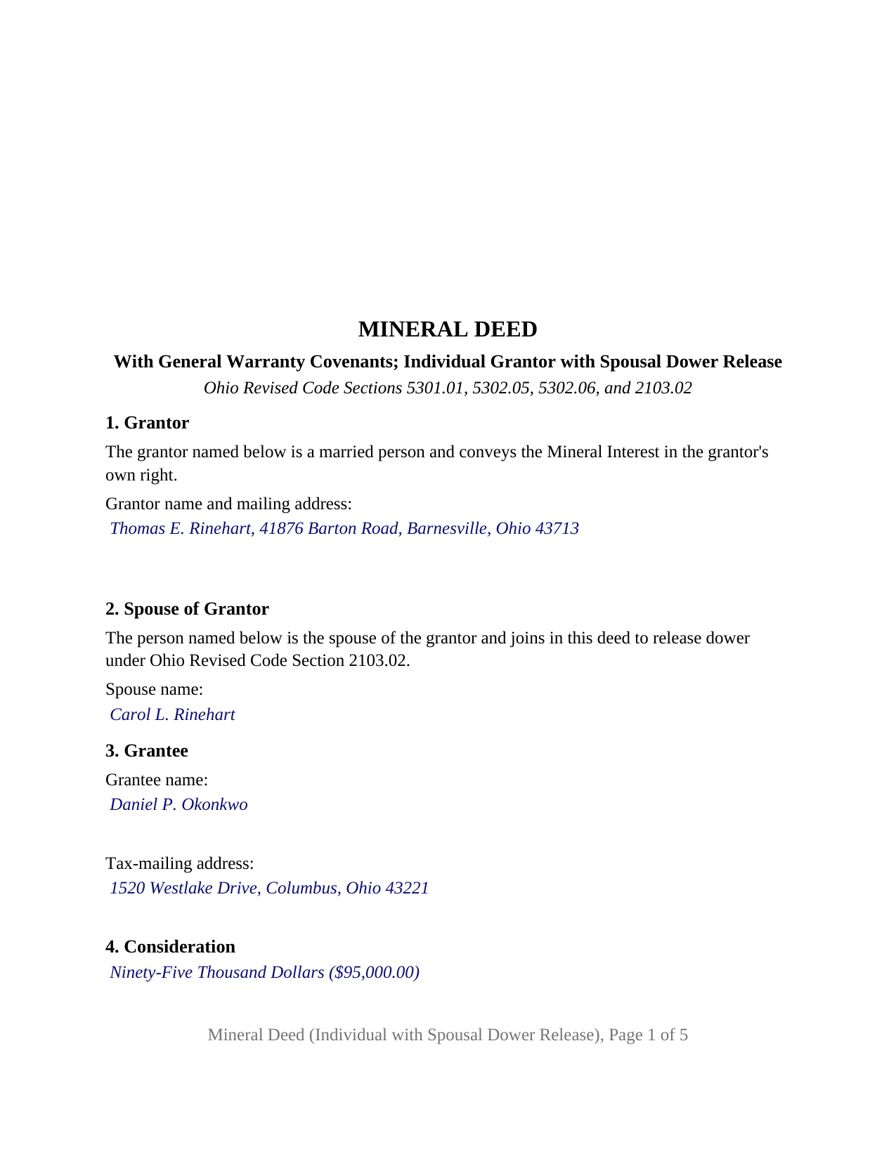 Paulding County Completed Example of the Mineral Deed (Individual with Spousal Dower Release) Document