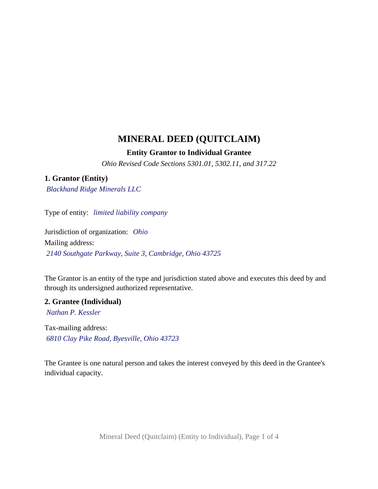 Muskingum County Completed Example of the Mineral Deed (Quitclaim) (Entity to Individual) Document