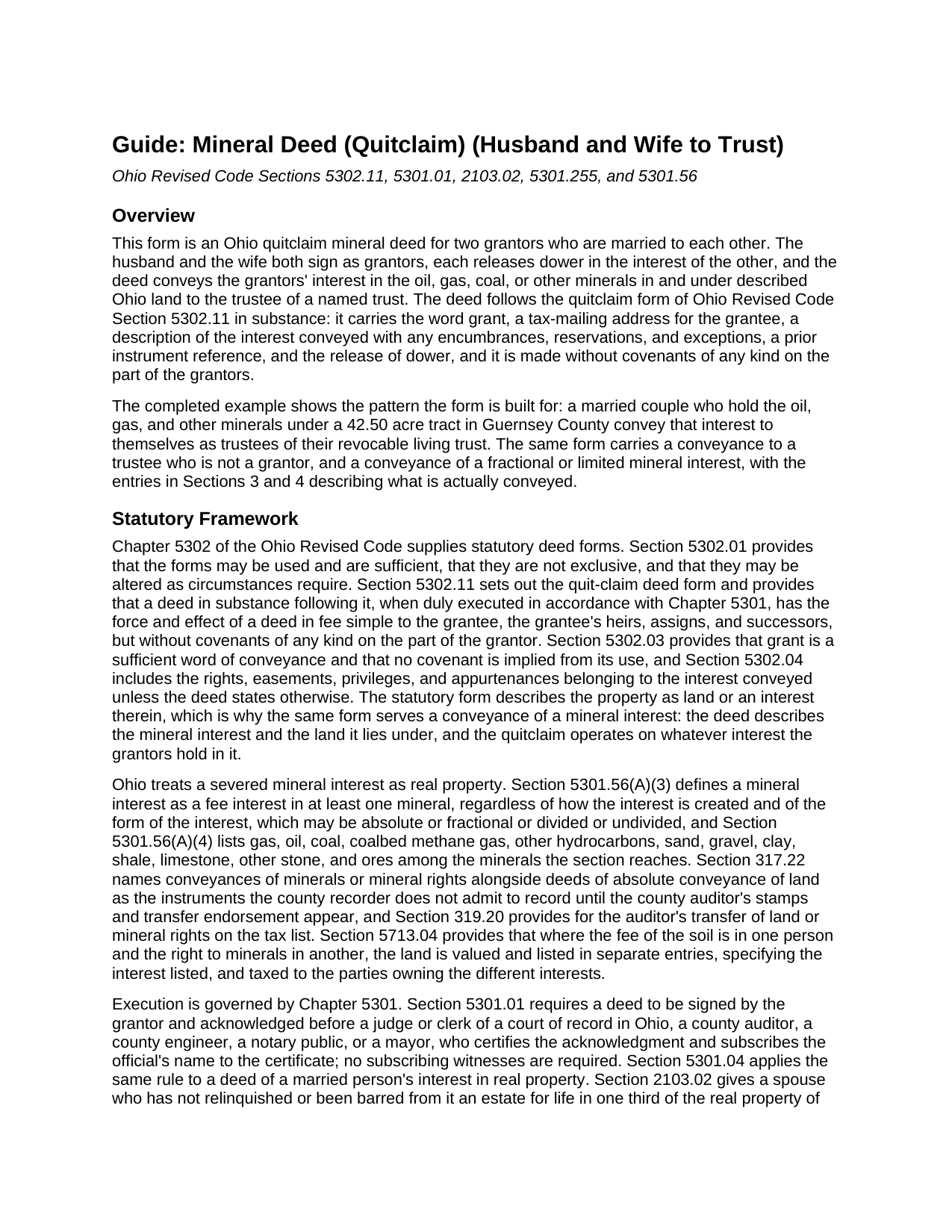 Williams County Mineral Deed (Quitclaim) (Husband and Wife to Trust) Guide