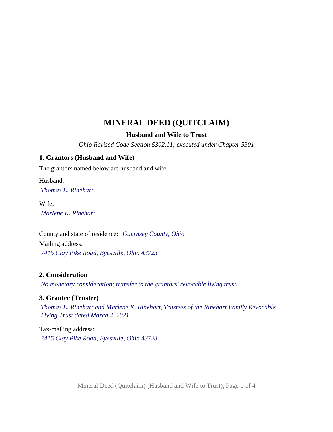 Williams County Completed Example of the Mineral Deed (Quitclaim) (Husband and Wife to Trust) Document