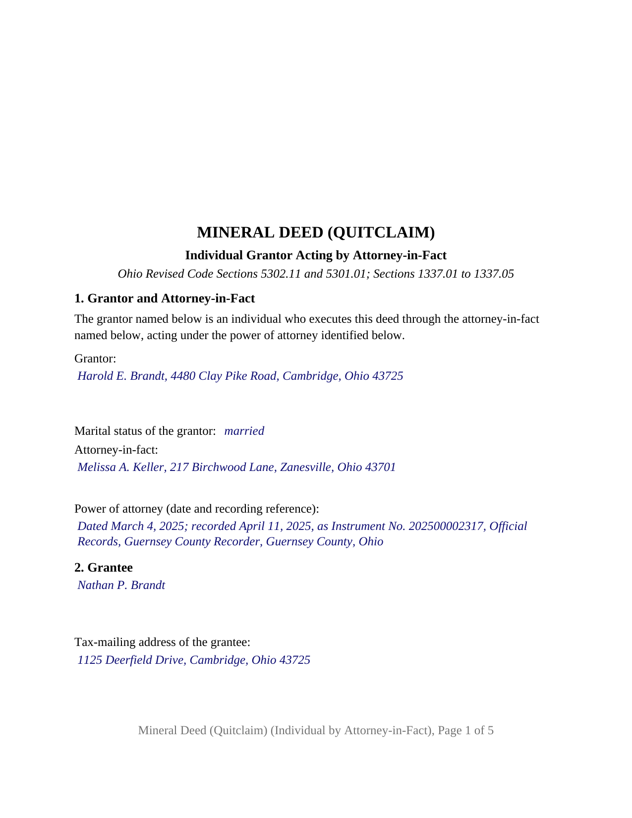 Ashtabula County Completed Example of the Mineral Deed (Quitclaim) (Individual by Attorney-in-Fact) Document