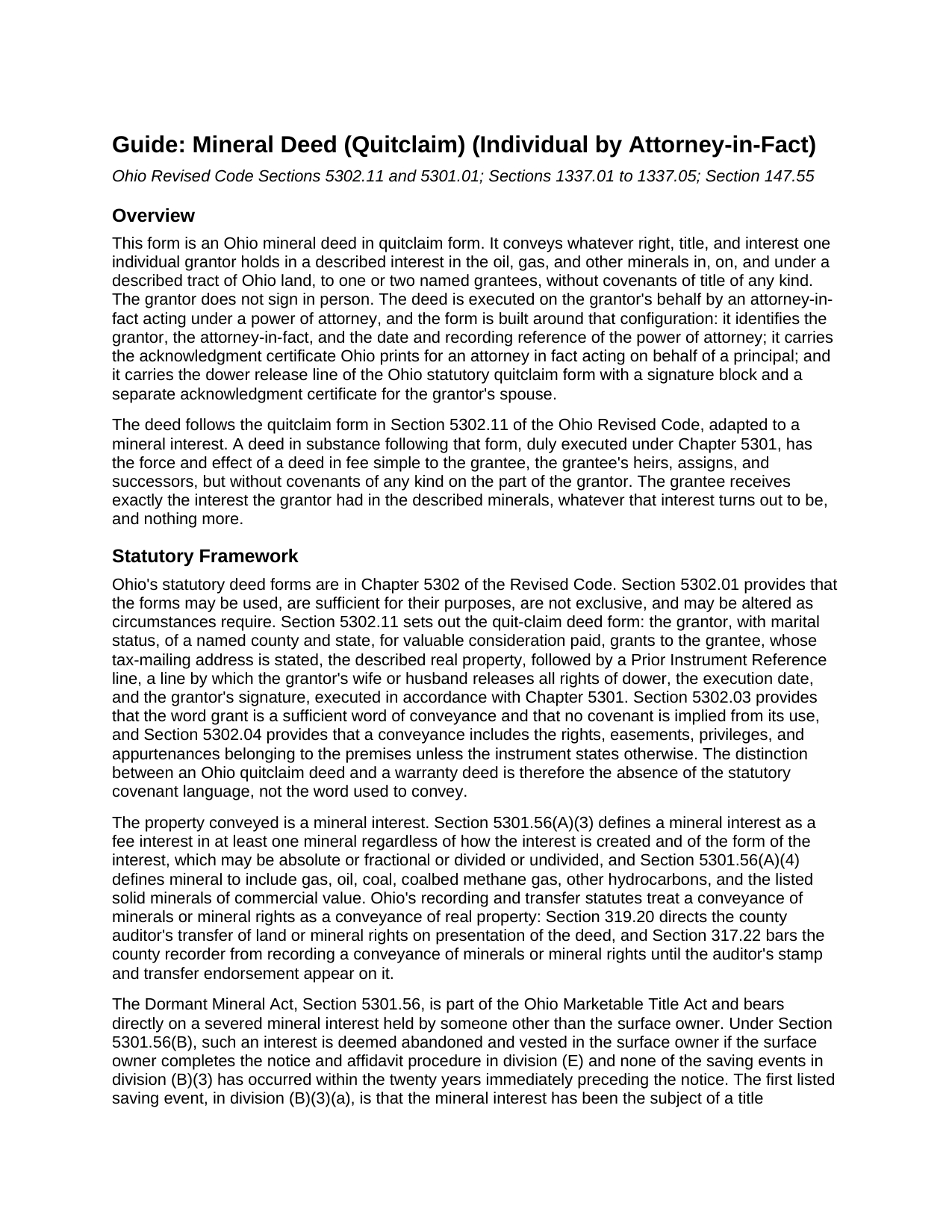 Ashtabula County Mineral Deed (Quitclaim) (Individual by Attorney-in-Fact) Guide