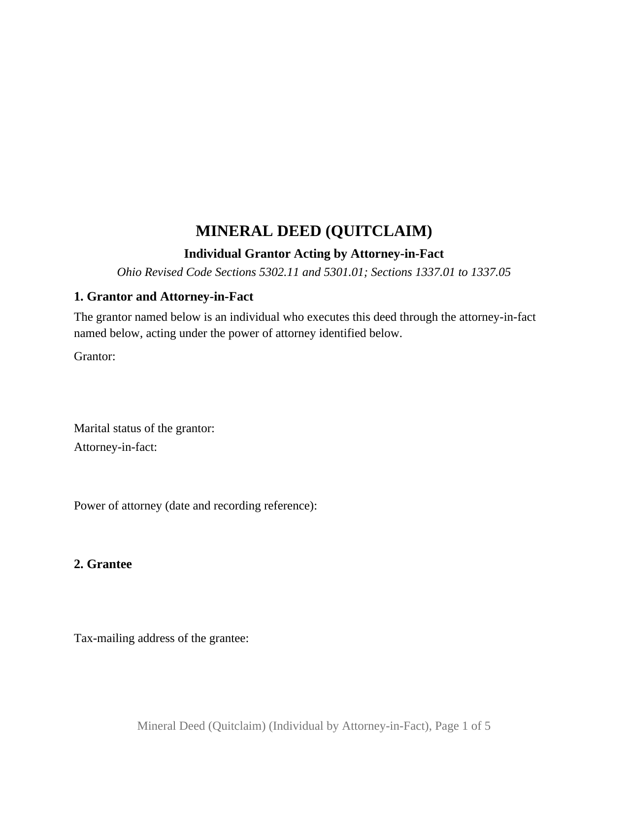 Ashtabula County Mineral Deed (Quitclaim) (Individual by Attorney-in-Fact) Form