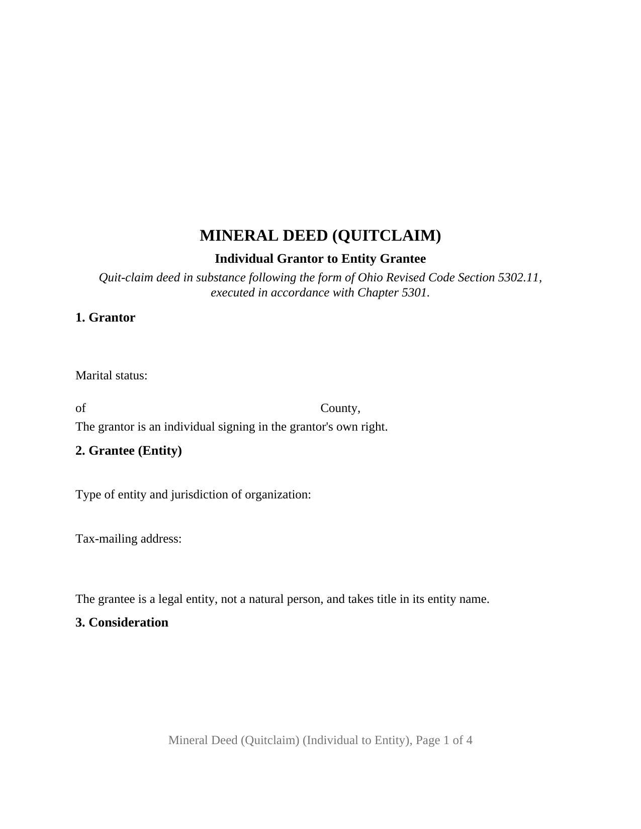 Muskingum County Mineral Deed (Quitclaim) (Individual to Entity) Form