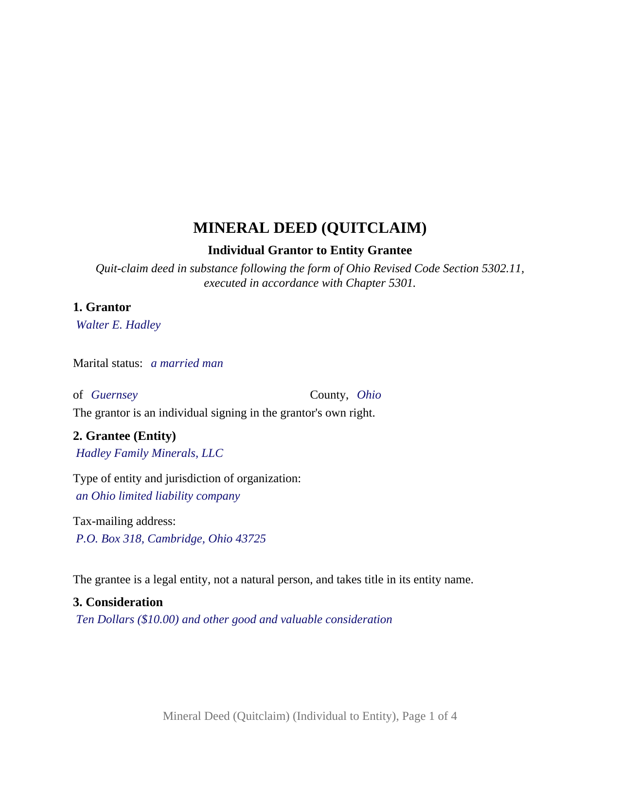 Muskingum County Completed Example of the Mineral Deed (Quitclaim) (Individual to Entity) Document