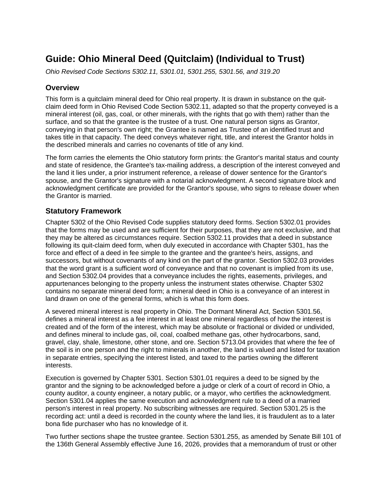 Licking County Mineral Deed (Quitclaim) (Individual to Trust) Guide