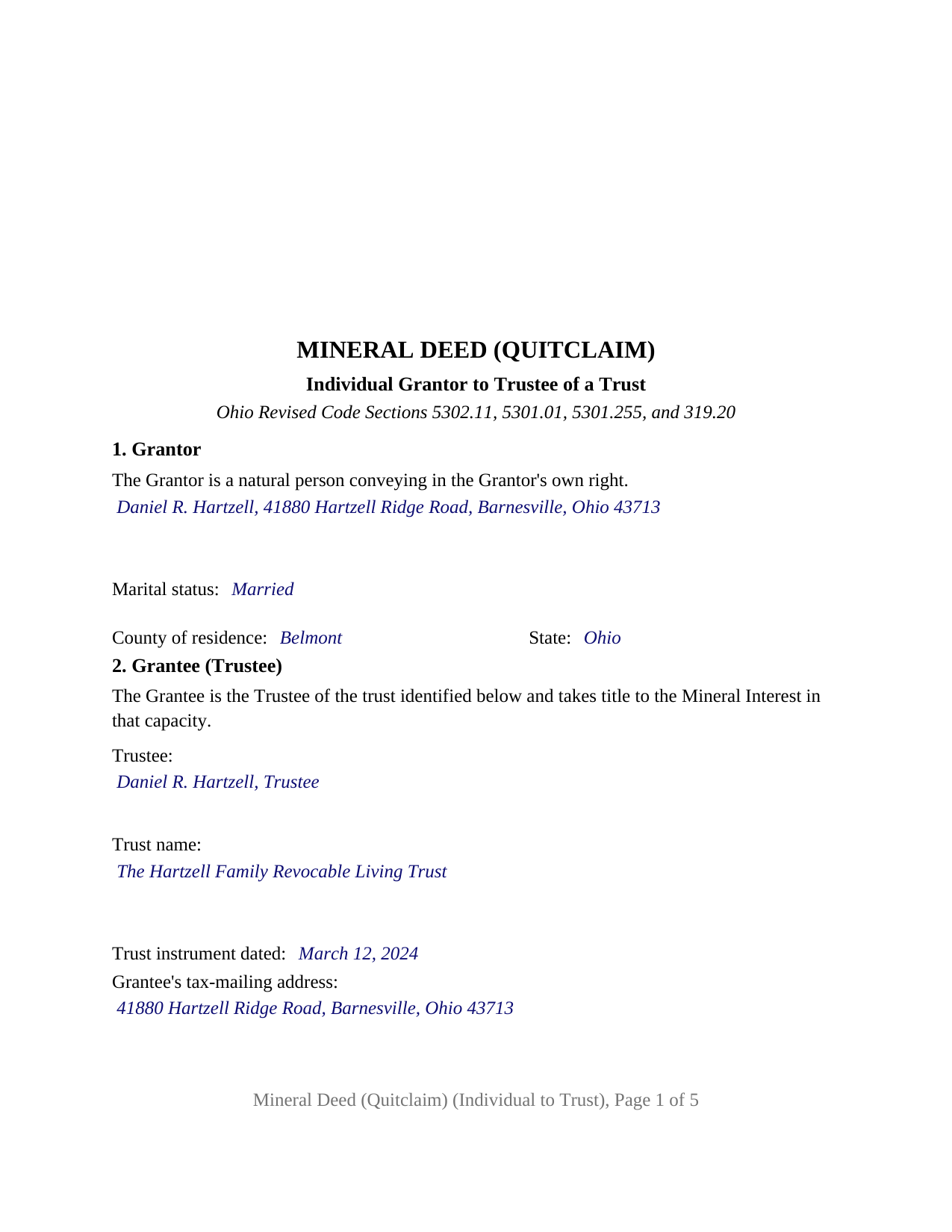 Licking County Completed Example of the Mineral Deed (Quitclaim) (Individual to Trust) Document