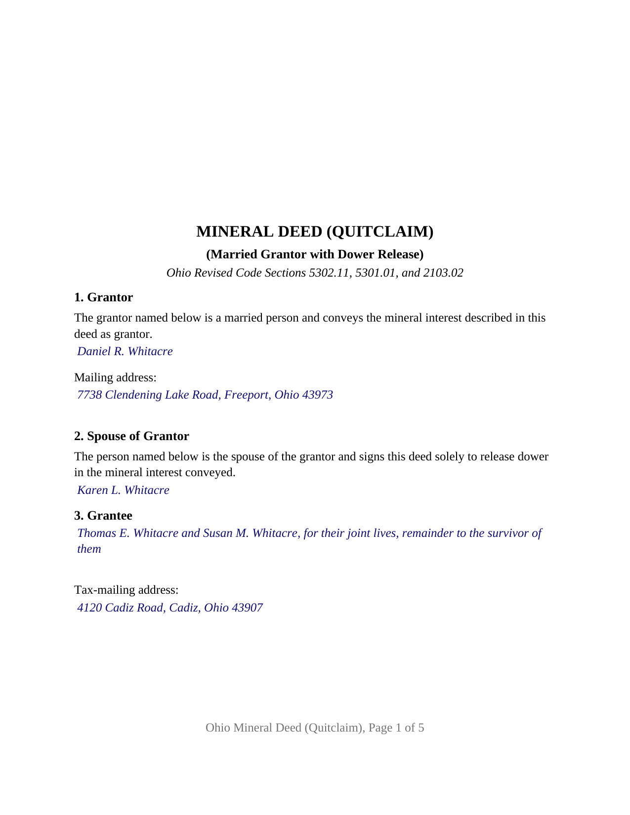 Auglaize County Completed Example of the Mineral Deed (Quitclaim) (Married Grantor with Dower Release) Document