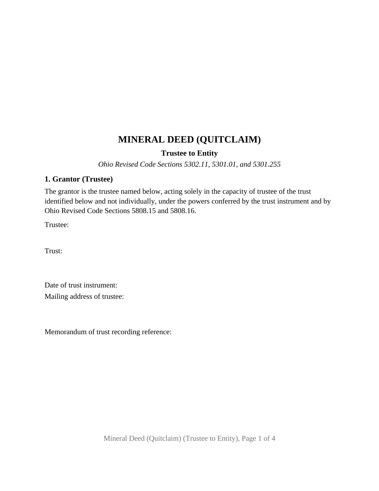 Licking County Mineral Deed (Quitclaim) (Trustee to Entity) Form