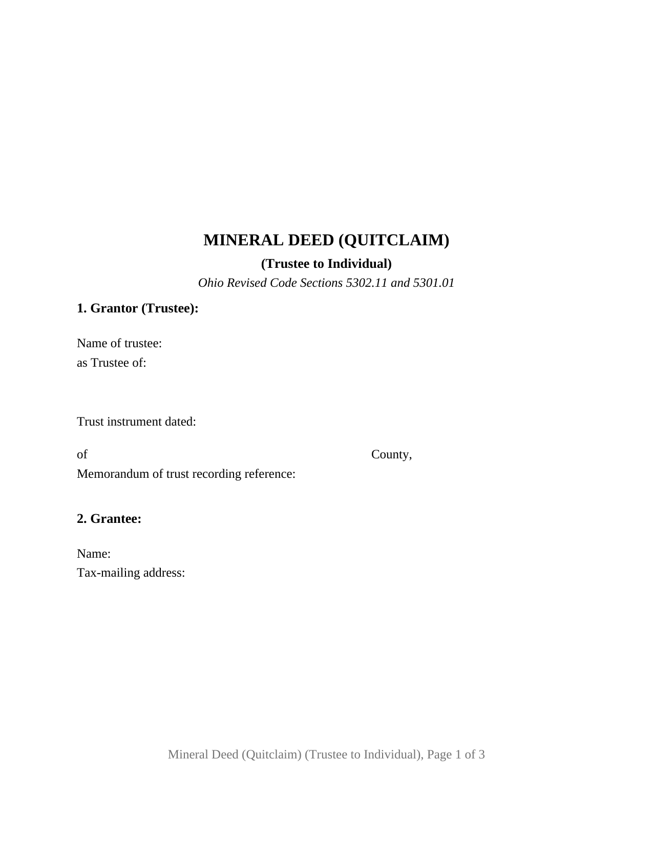 Ashland County Mineral Deed (Quitclaim) (Trustee to Individual) Form