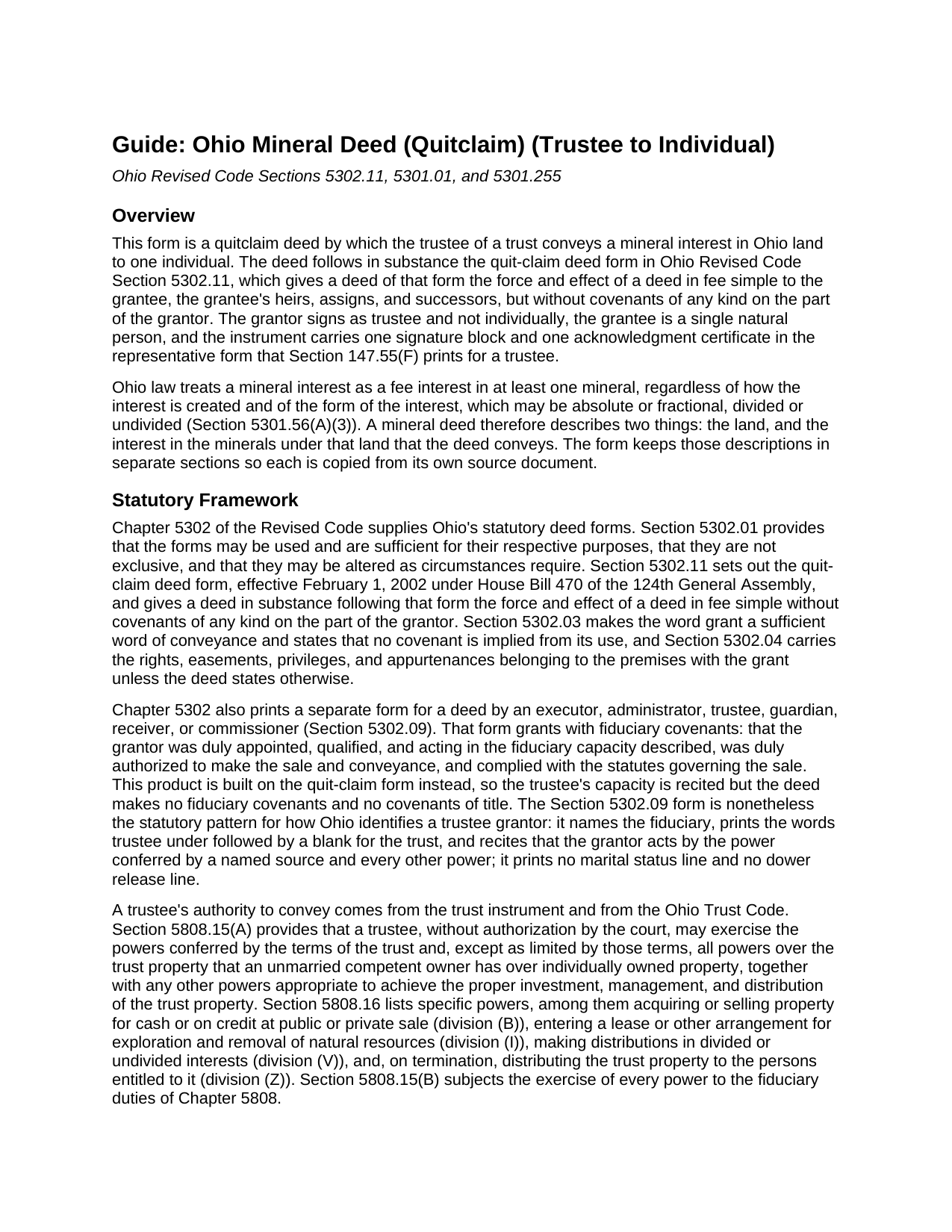 Ashland County Mineral Deed (Quitclaim) (Trustee to Individual) Guide