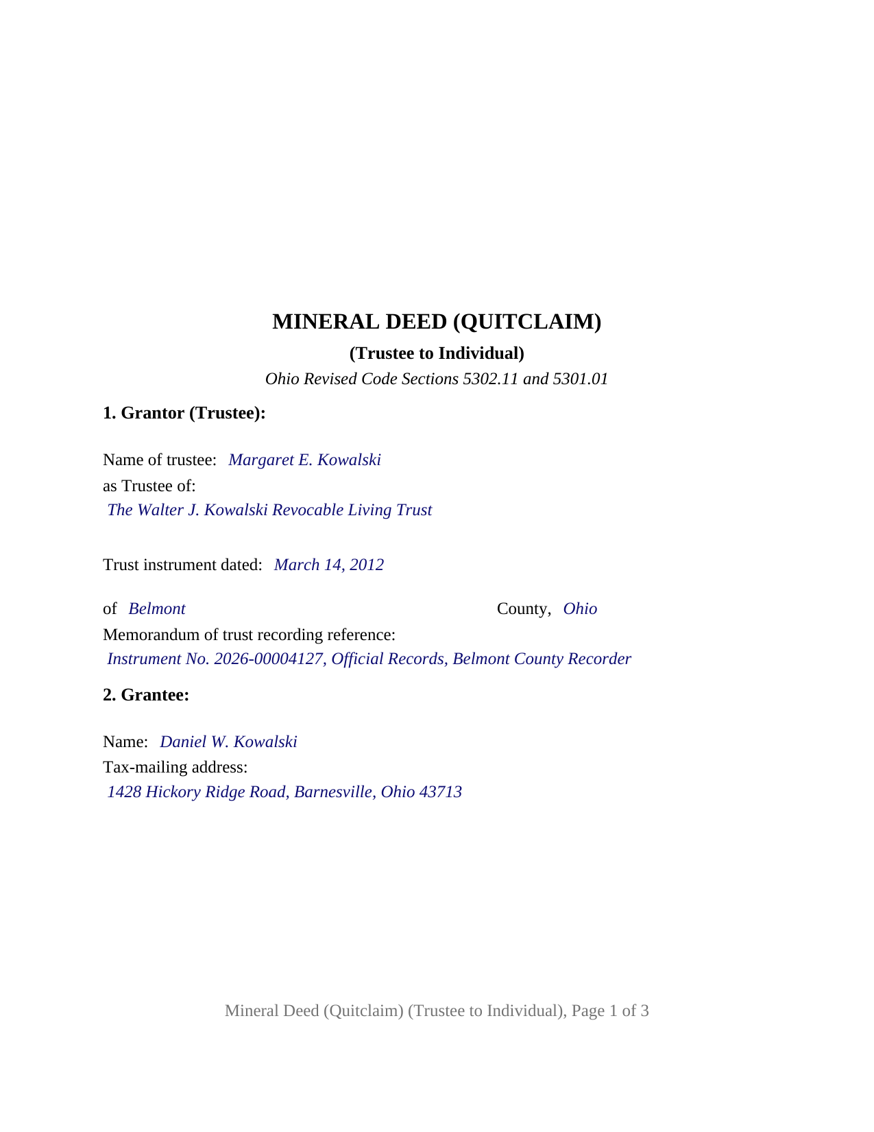 Ashland County Completed Example of the Mineral Deed (Quitclaim) (Trustee to Individual) Document