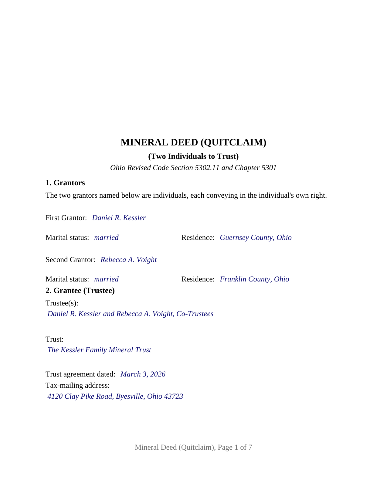 Fairfield County Completed Example of the Mineral Deed (Quitclaim) (Two Individuals to Trust) Document