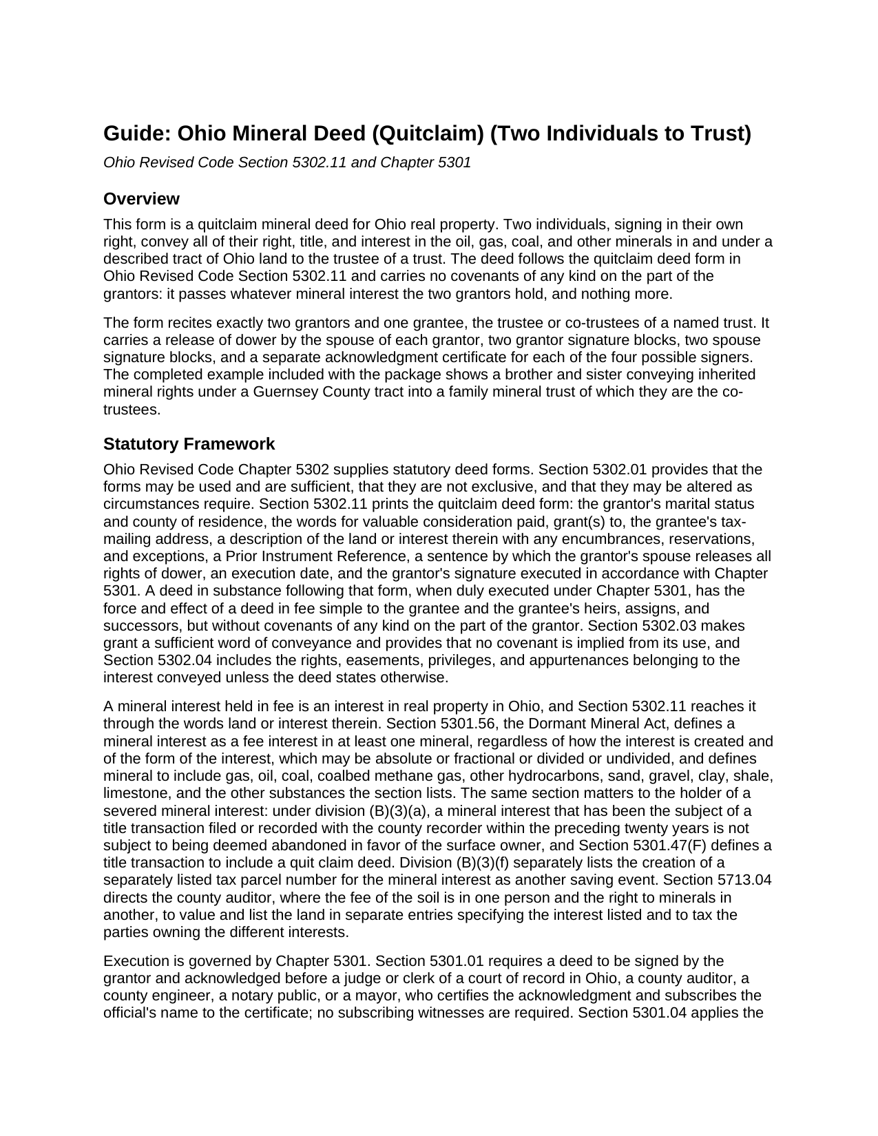 Fairfield County Mineral Deed (Quitclaim) (Two Individuals to Trust) Guide