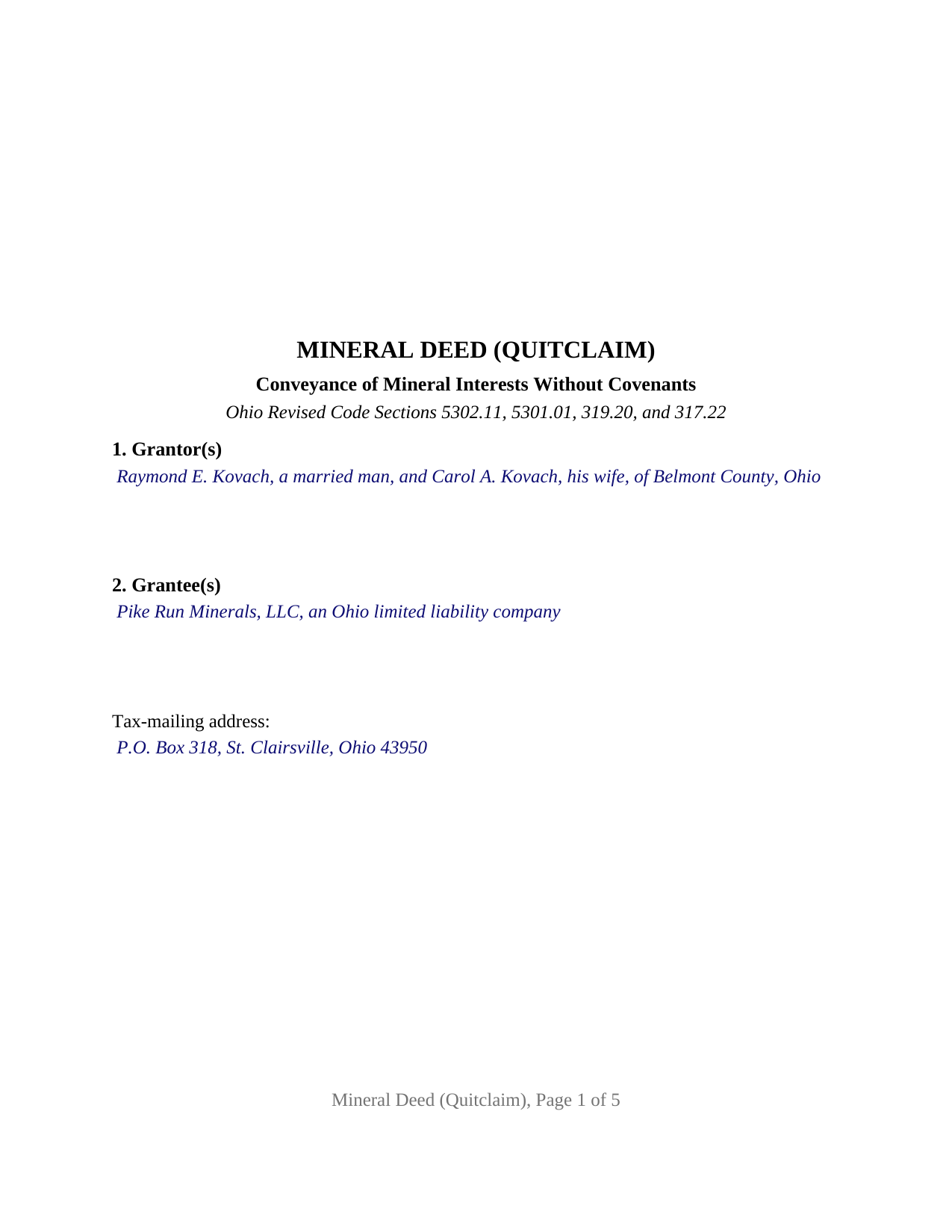 Summit County Completed Example of the Mineral Deed (Quitclaim) Document