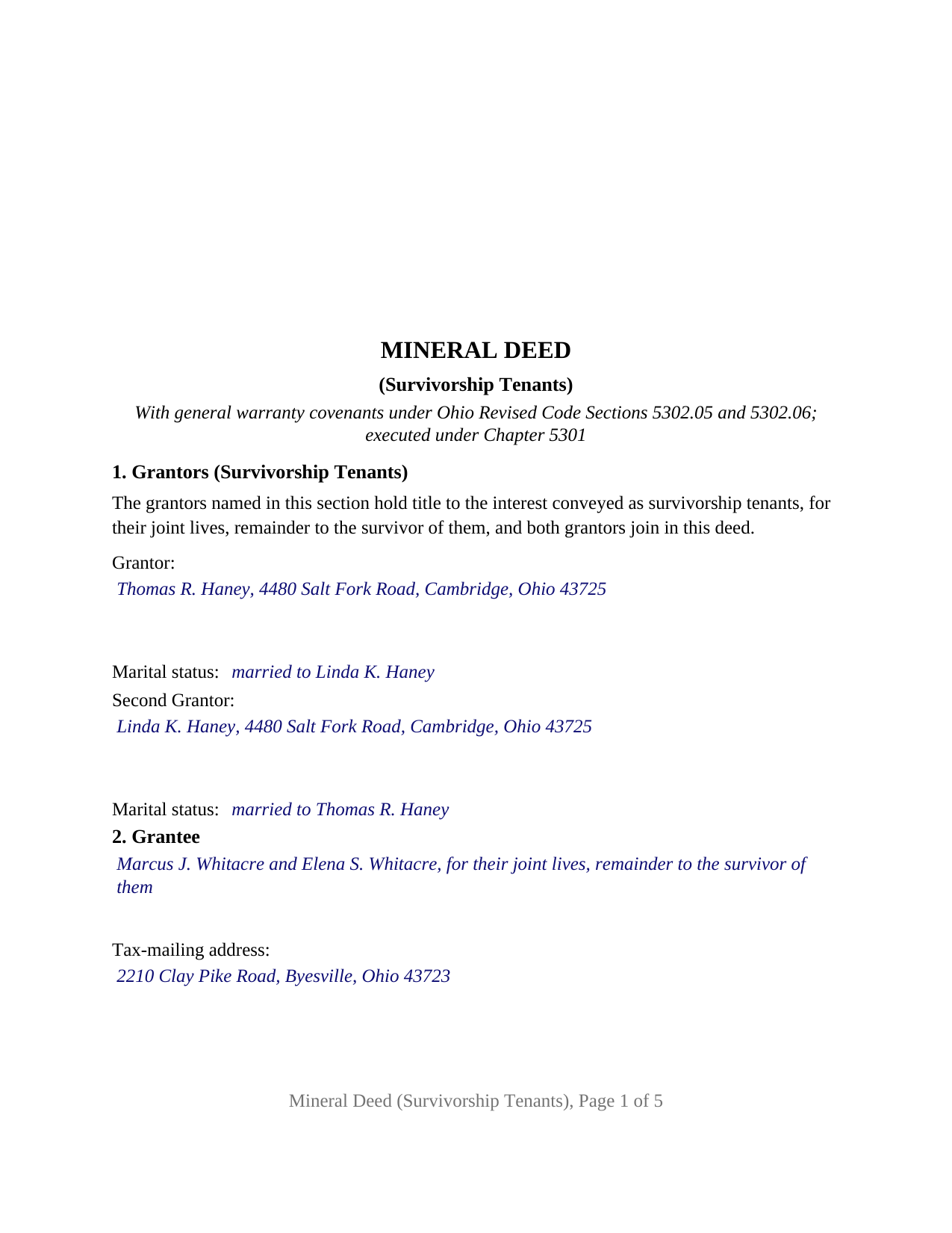 Hocking County Completed Example of the Mineral Deed (Survivorship Tenants) Document