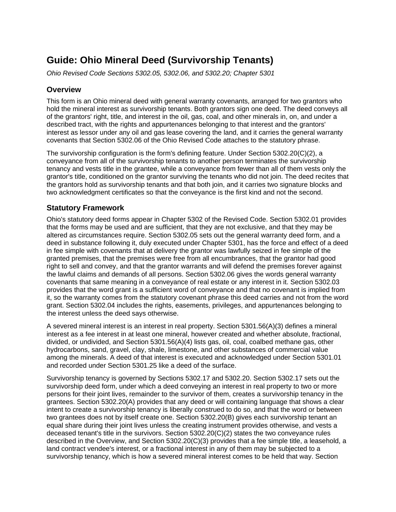 Hocking County Mineral Deed (Survivorship Tenants) Guide