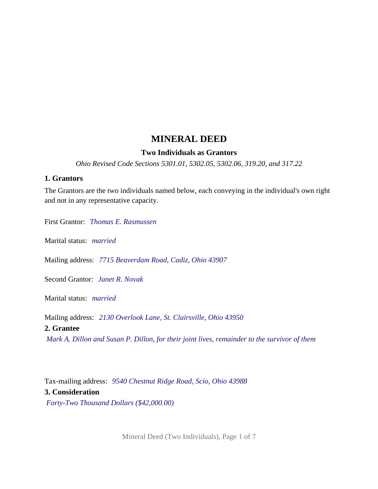 Clinton County Completed Example of the Mineral Deed (Two Individuals) Document