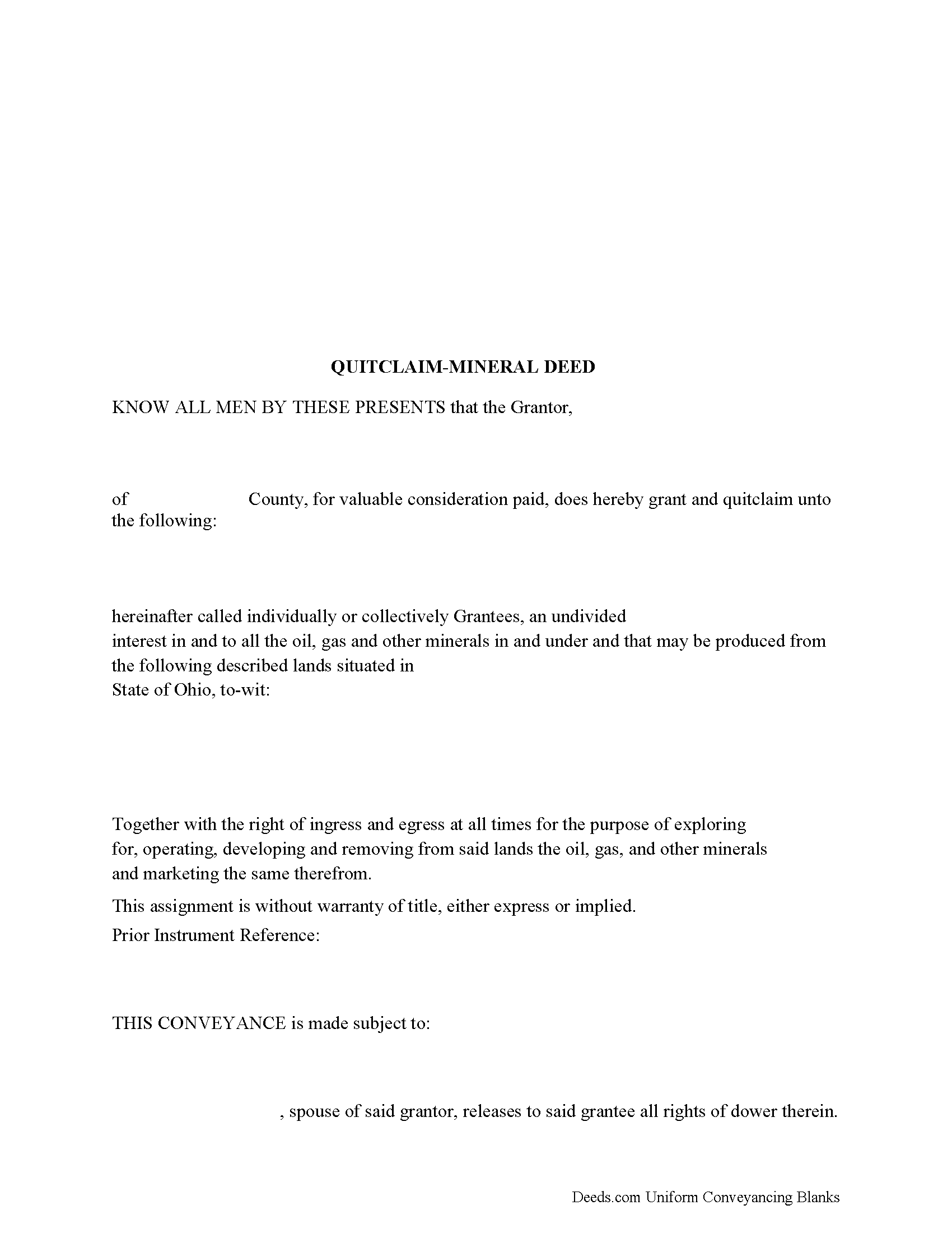 Hocking County Mineral Deed with Quitclaim Covenants Form