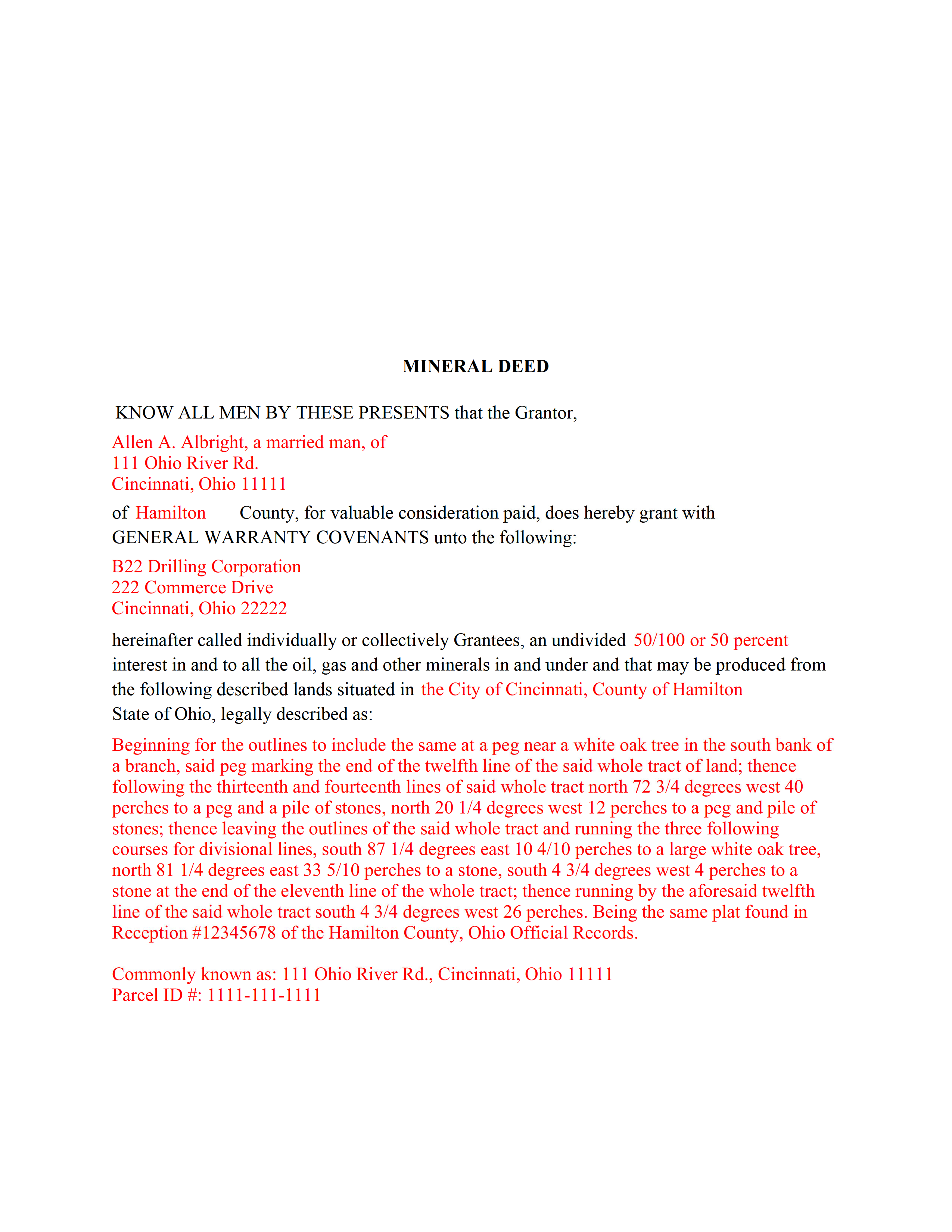 Hocking County Completed Example of the Mineral Deed Document