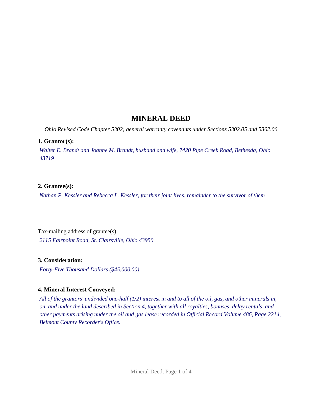 Belmont County Completed Example of the Mineral Deed Document