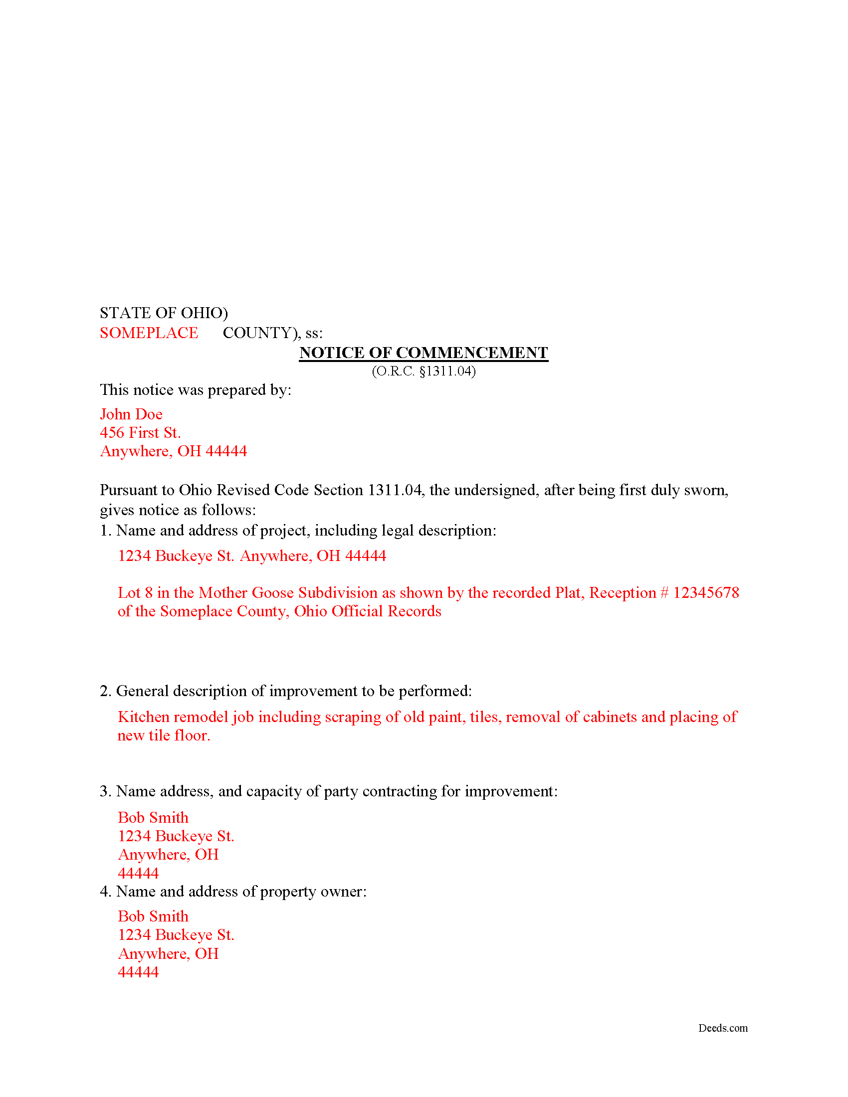 Completed Example of the Notice of Commencement Document