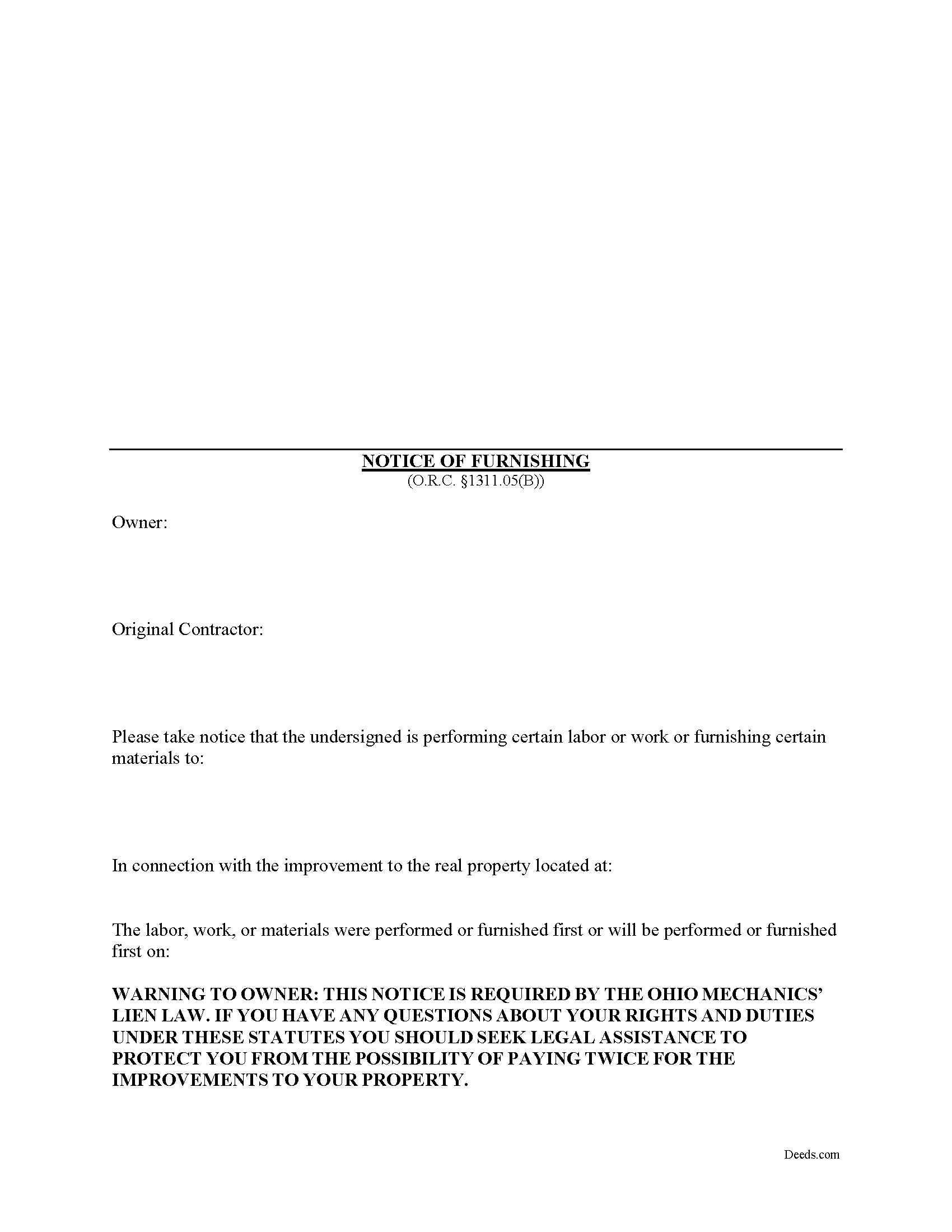 Hocking County Notice of Furnishing Form
