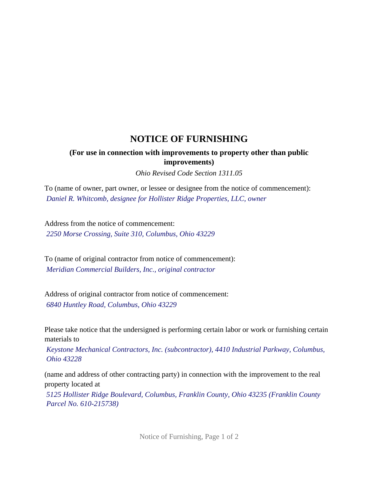 Guernsey County Completed Example of the Notice of Furnishing Document