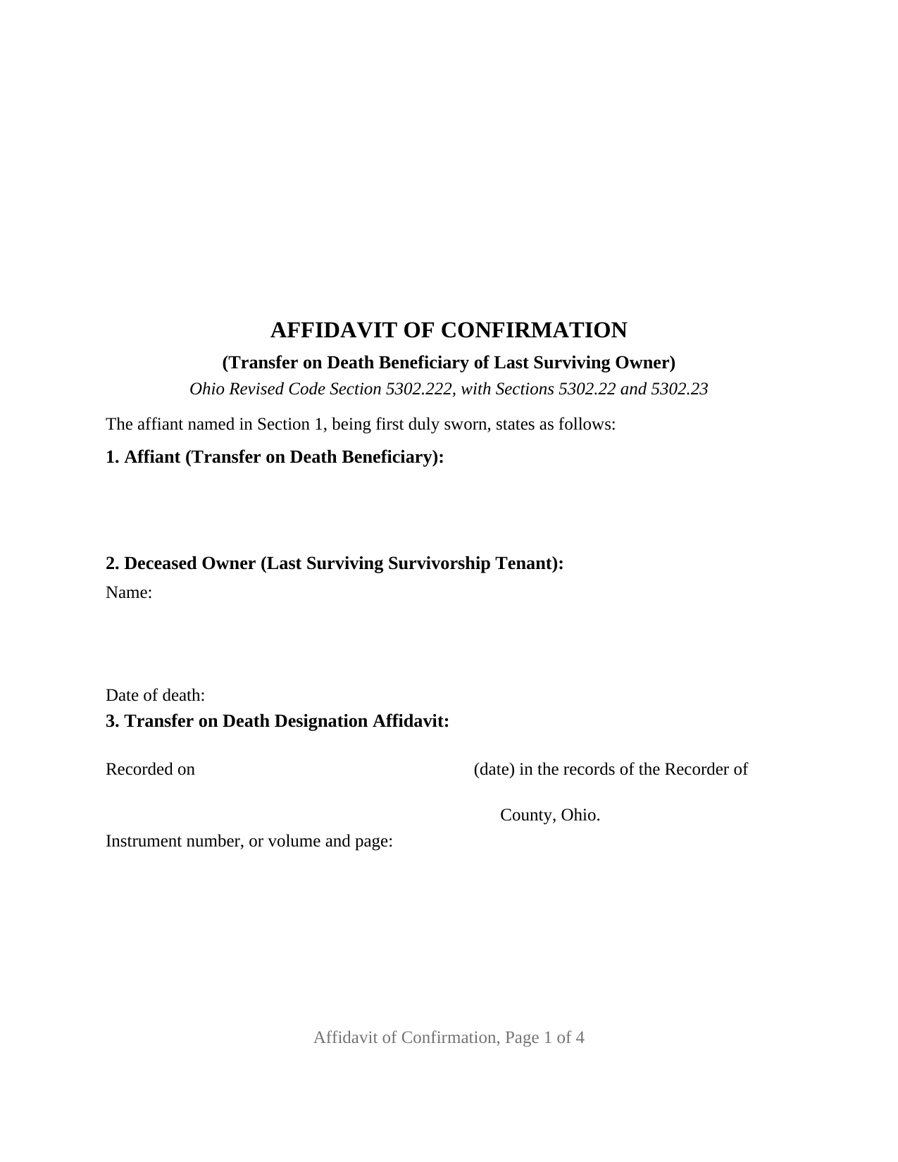 Ohio Affidavit of Confirmation (Beneficiary of Last Surviving Owner)