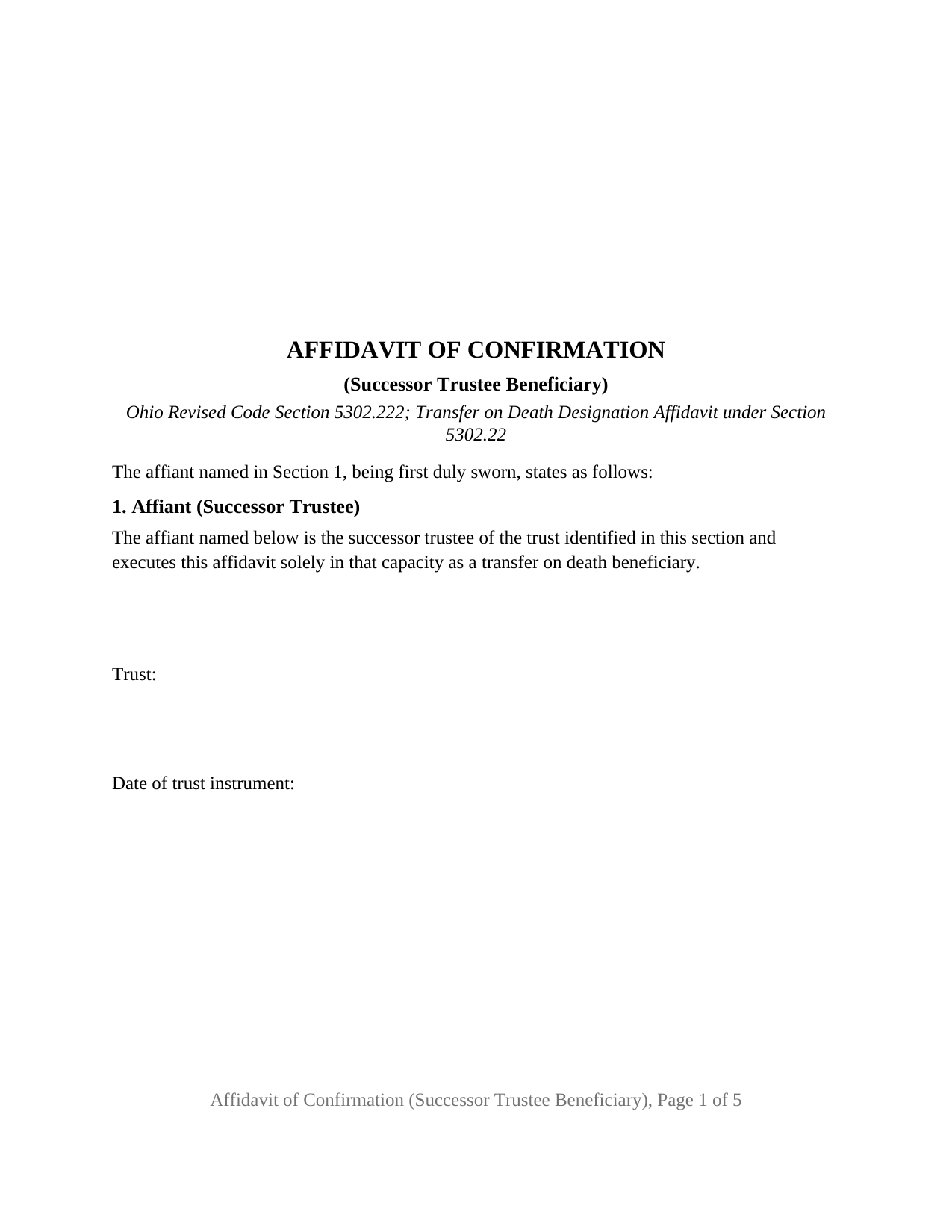 Ohio Affidavit of Confirmation (Successor Trustee Beneficiary)