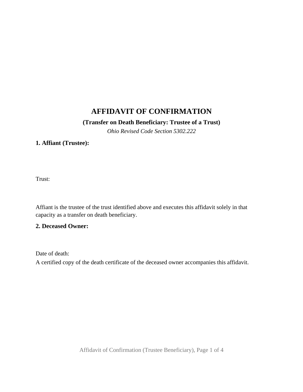 Ohio Affidavit of Confirmation (Trustee Beneficiary)