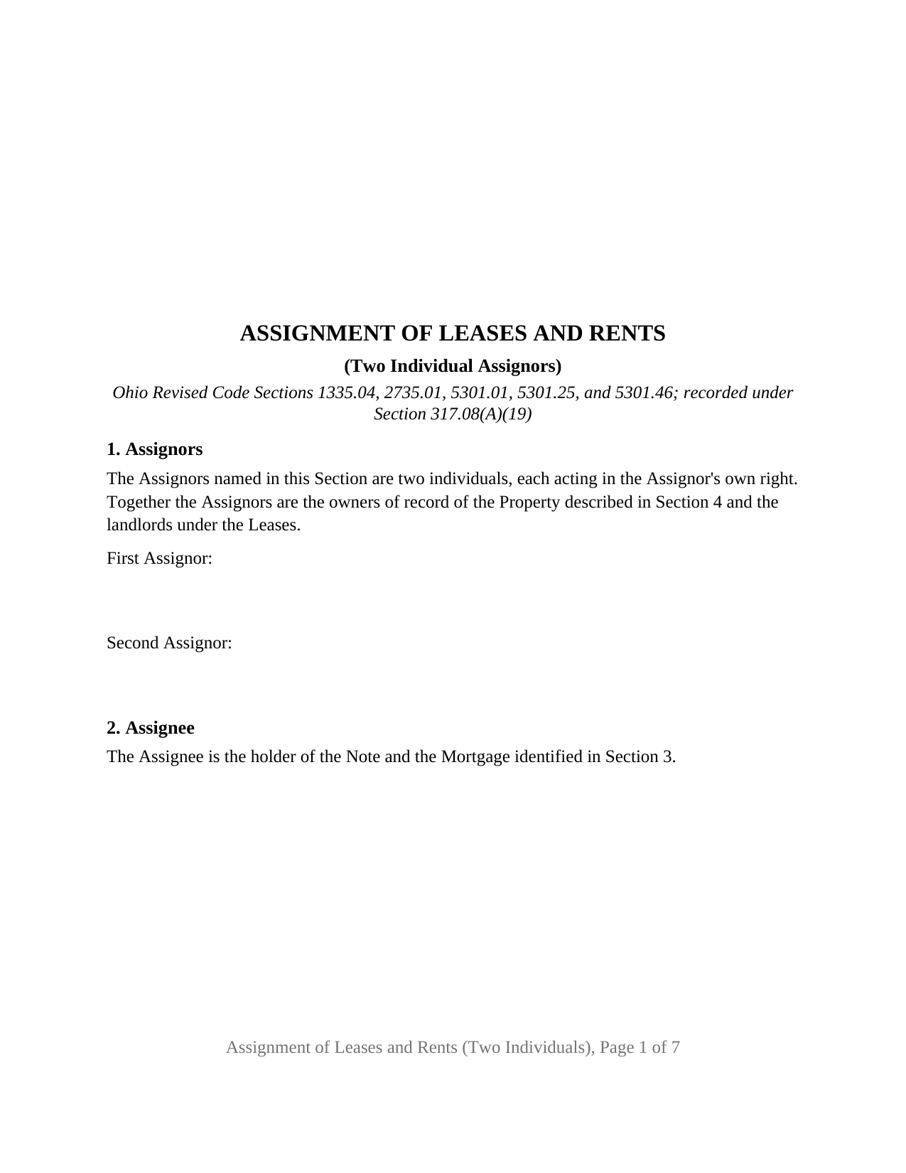 Ohio Assignment of Leases and Rents (Two Individuals)