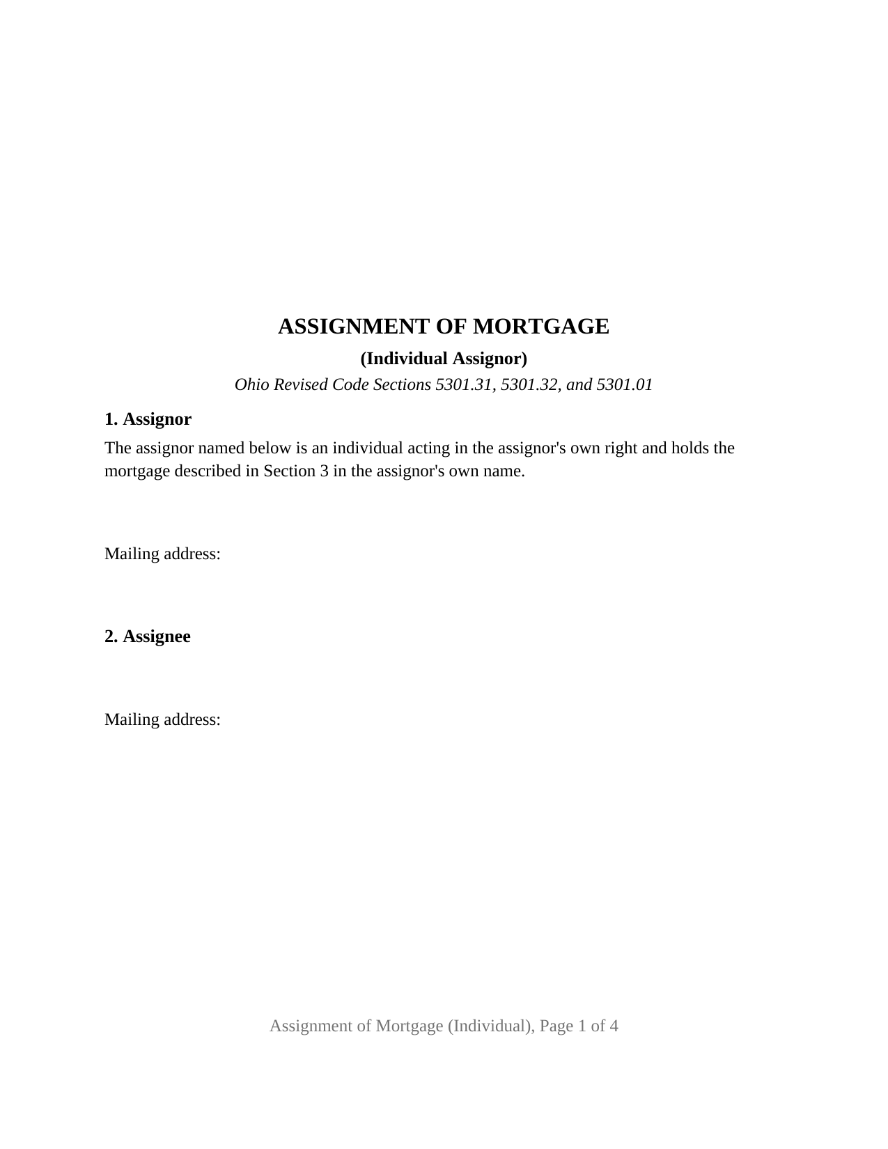 Ohio Assignment of Mortgage (Individual)
