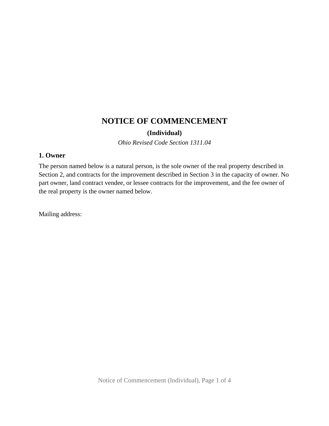 Ohio Construction Notice (Notice of Commencement (Individual))