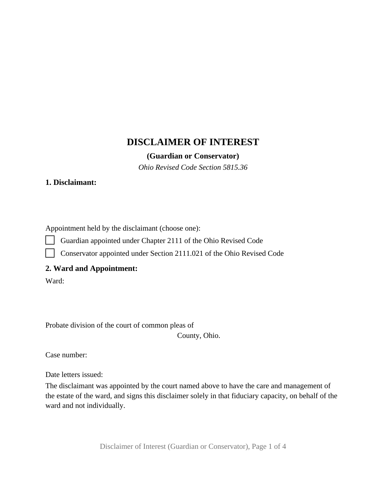 Ohio Disclaimer of Interest (Guardian or Conservator)