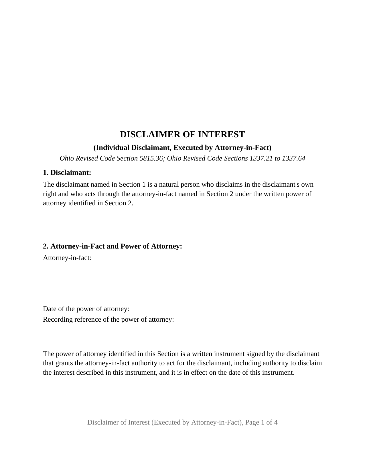 Ohio Disclaimer of Interest (Individual, Executed by Attorney-in-Fact)