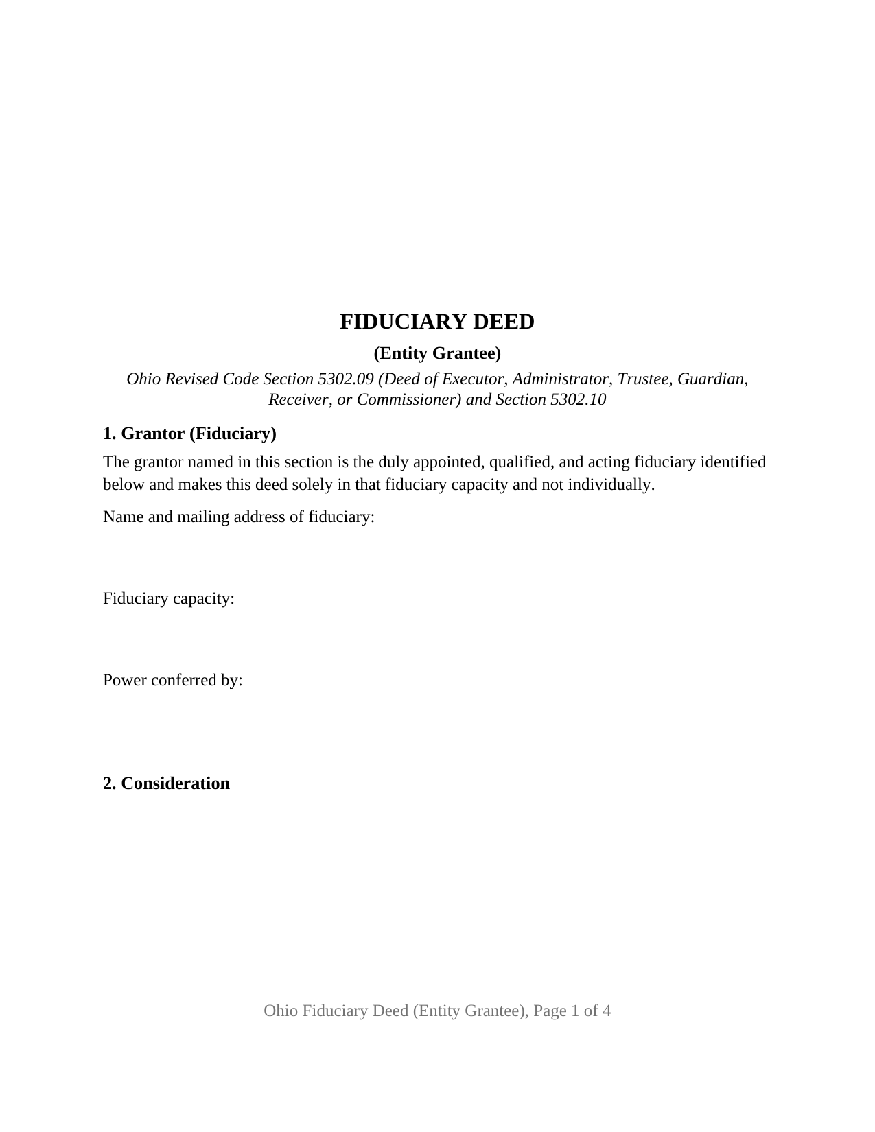 Ohio Fiduciary Deed (Entity Grantee)