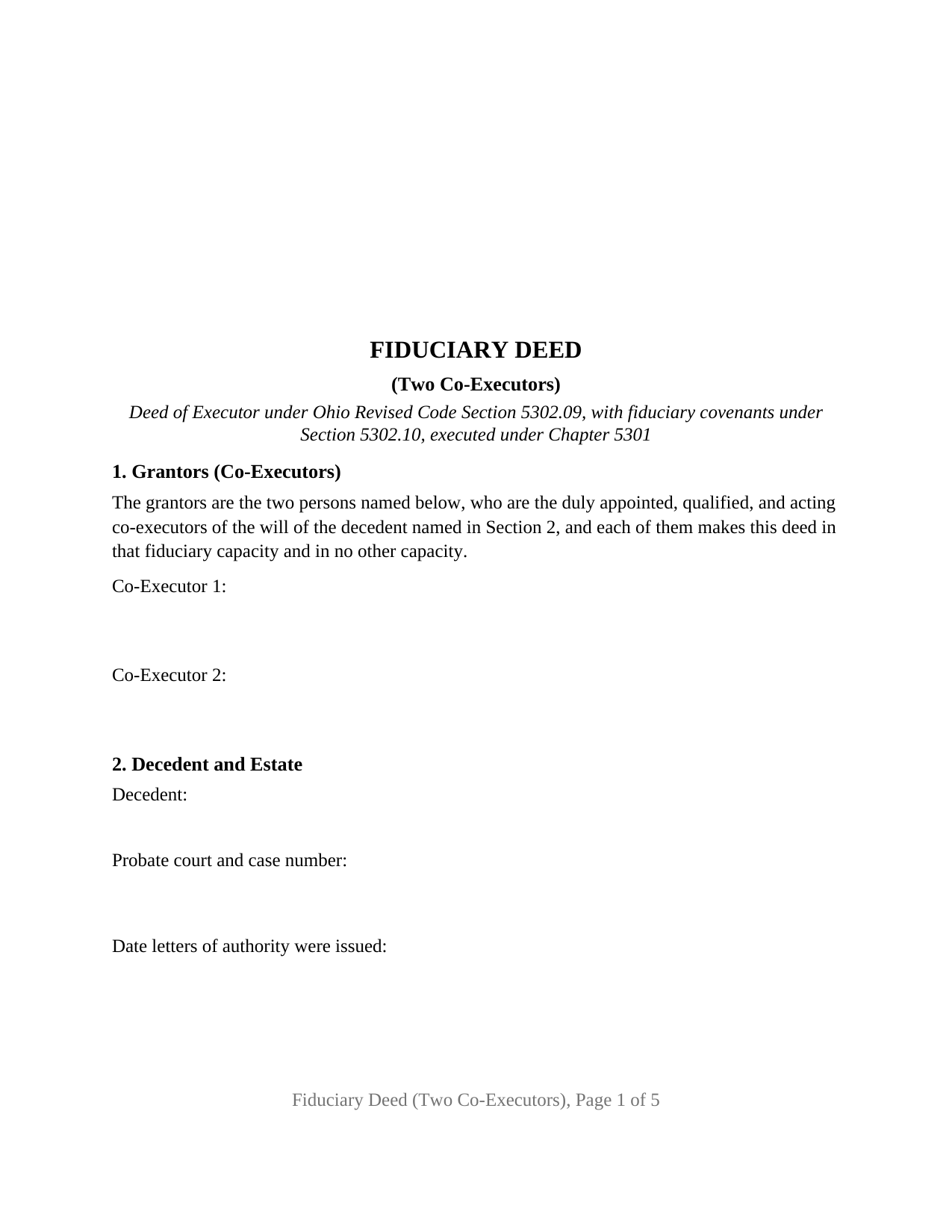 Ohio Fiduciary Deed (Two Co-Executors)