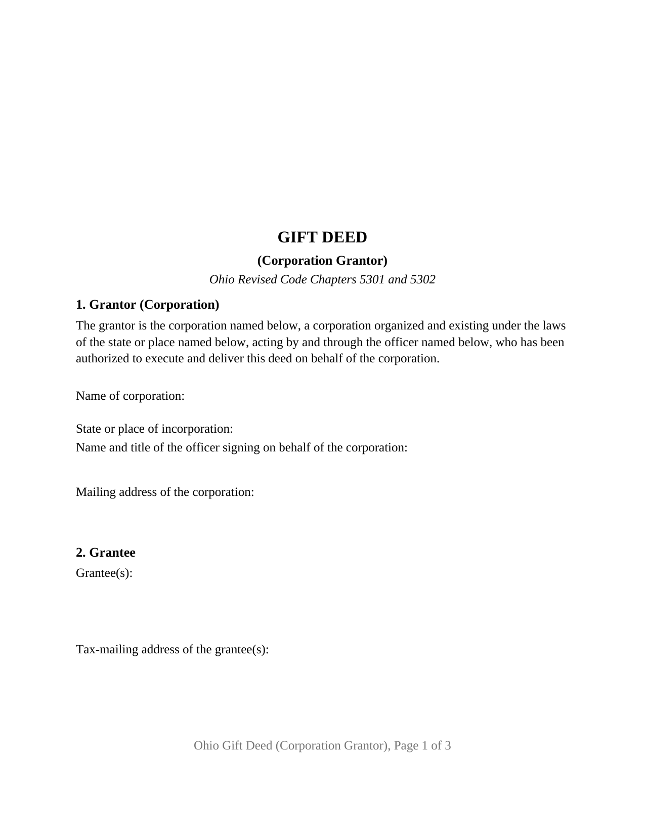 Ohio Gift Deed (Corporation Grantor)