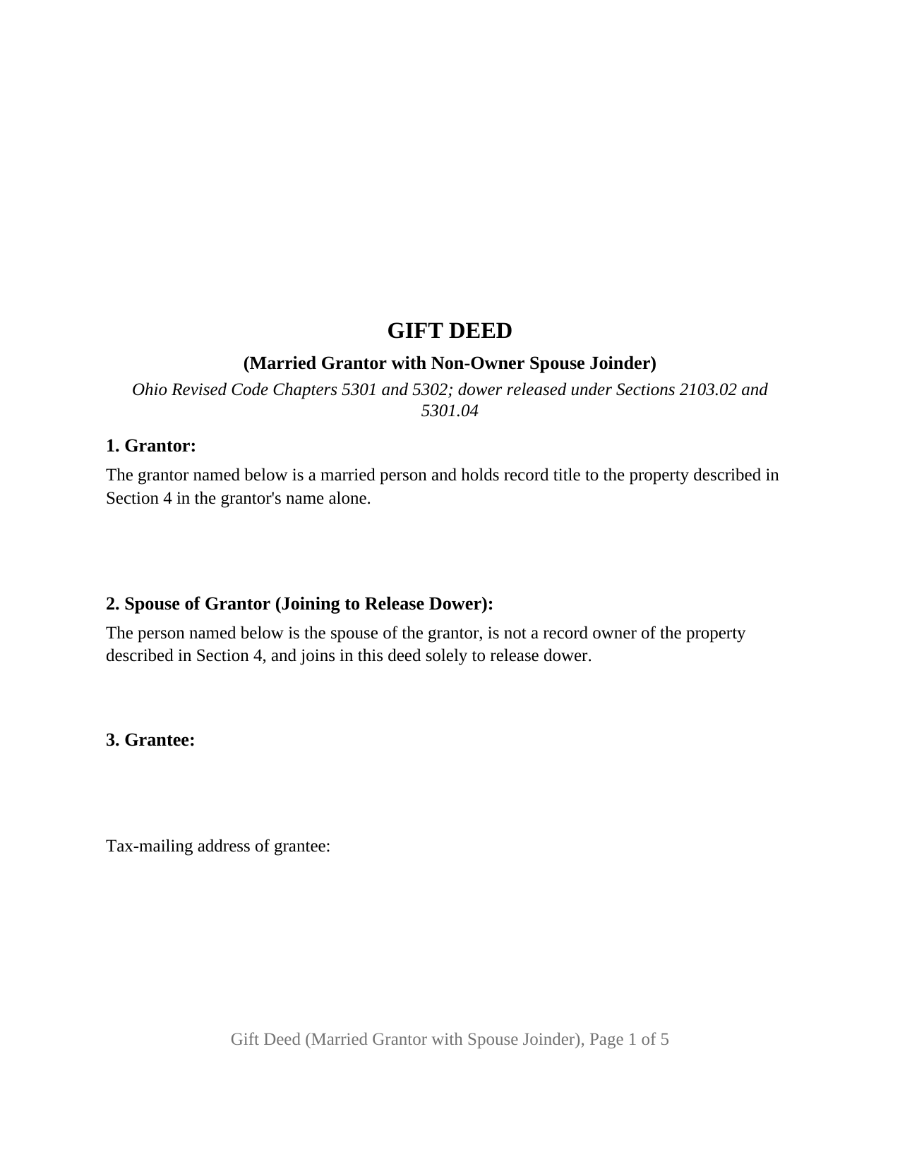 Ohio Gift Deed (Married Grantor with Non-Owner Spouse Joinder)