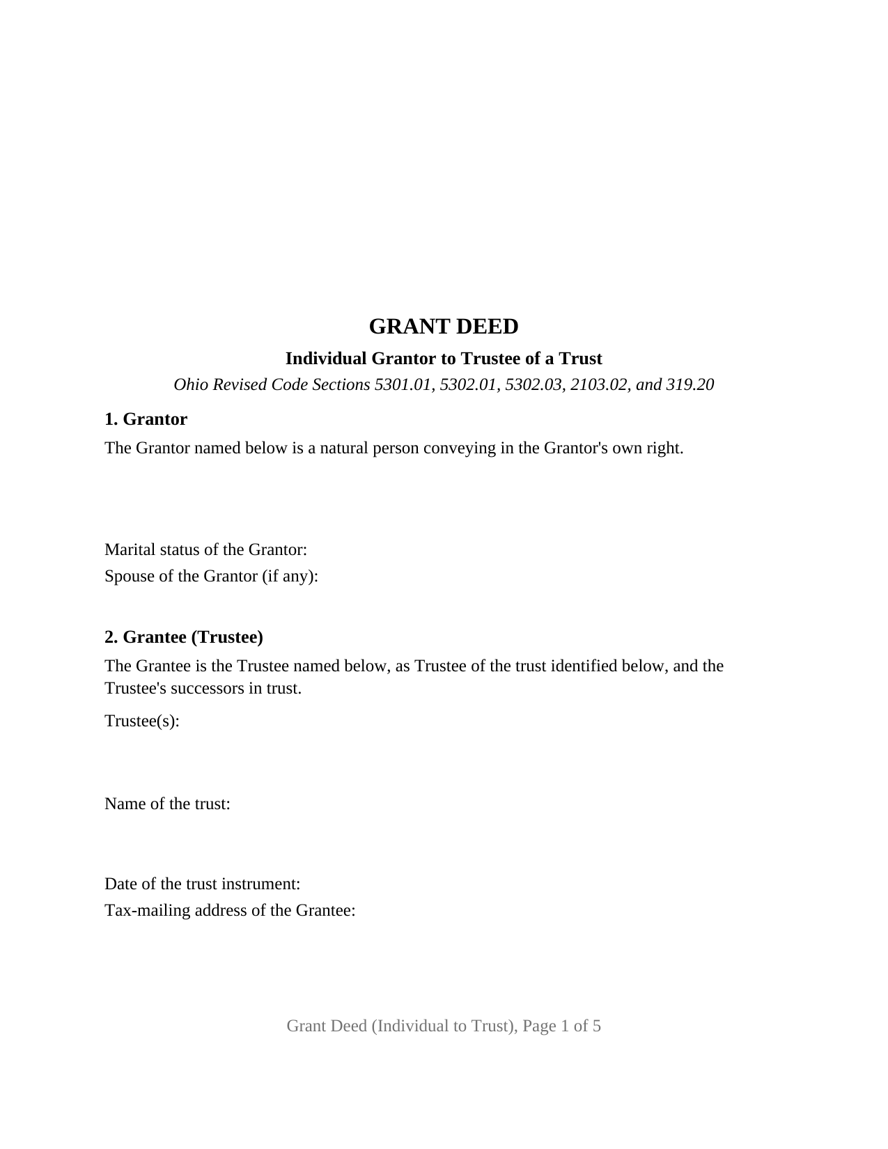 Ohio Grant Deed (Individual to Trust)