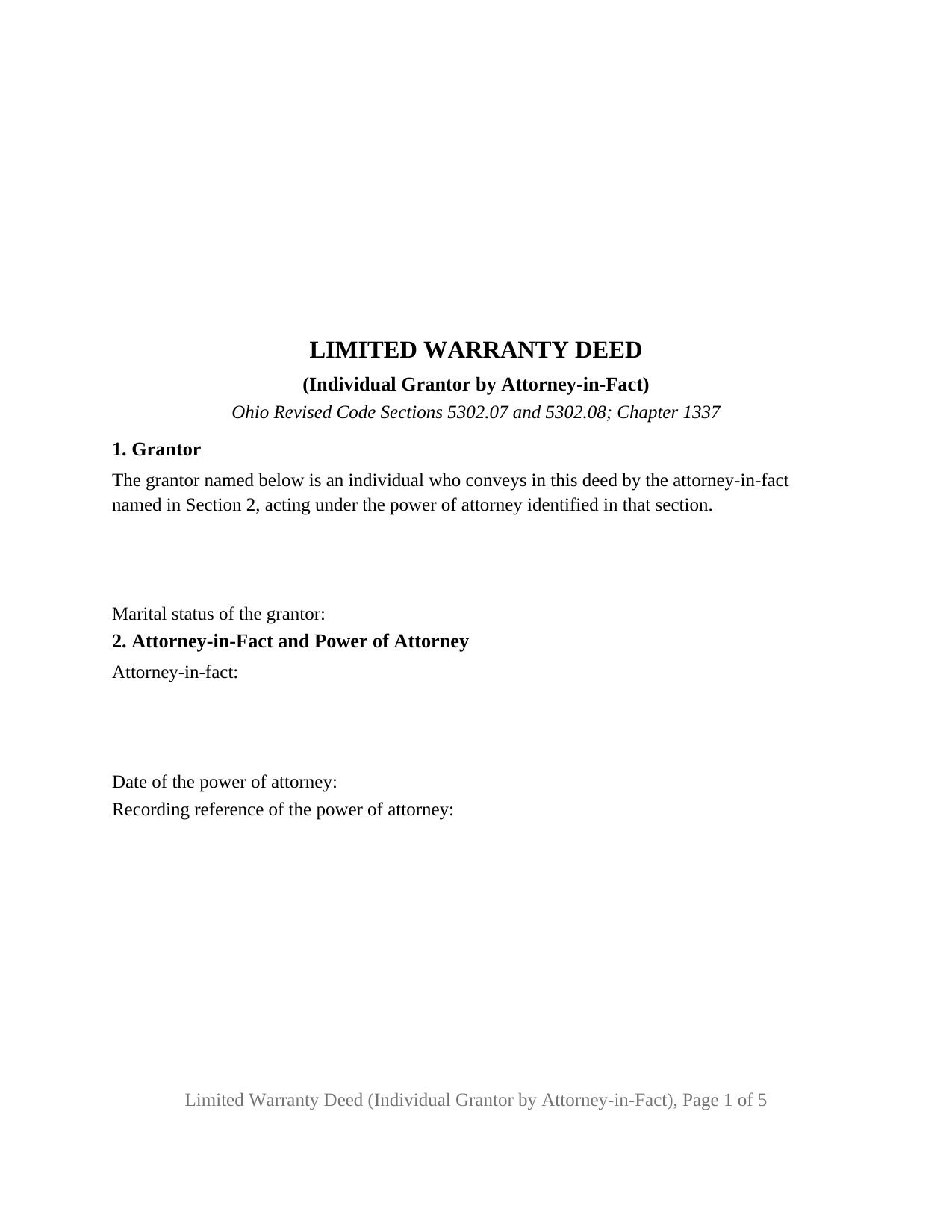 Ohio Limited Warranty Deed (Individual Grantor by Attorney-in-Fact)