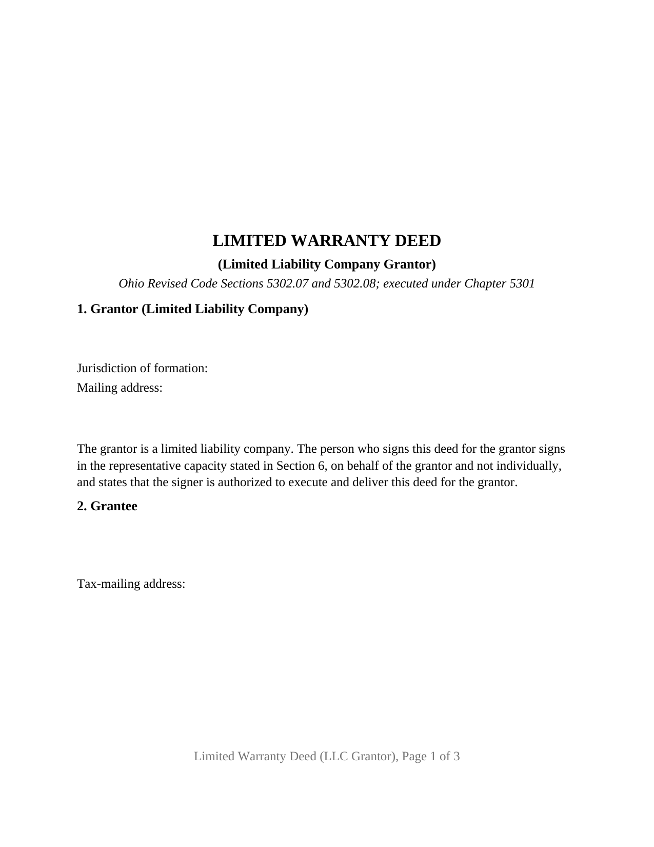 Ohio Limited Warranty Deed (LLC Grantor)
