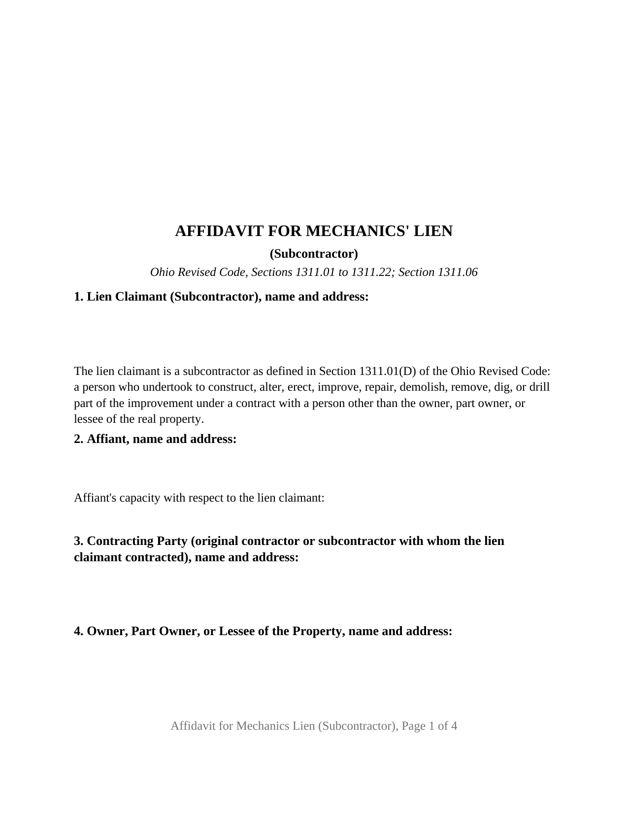 Ohio Mechanics Lien (Subcontractor)