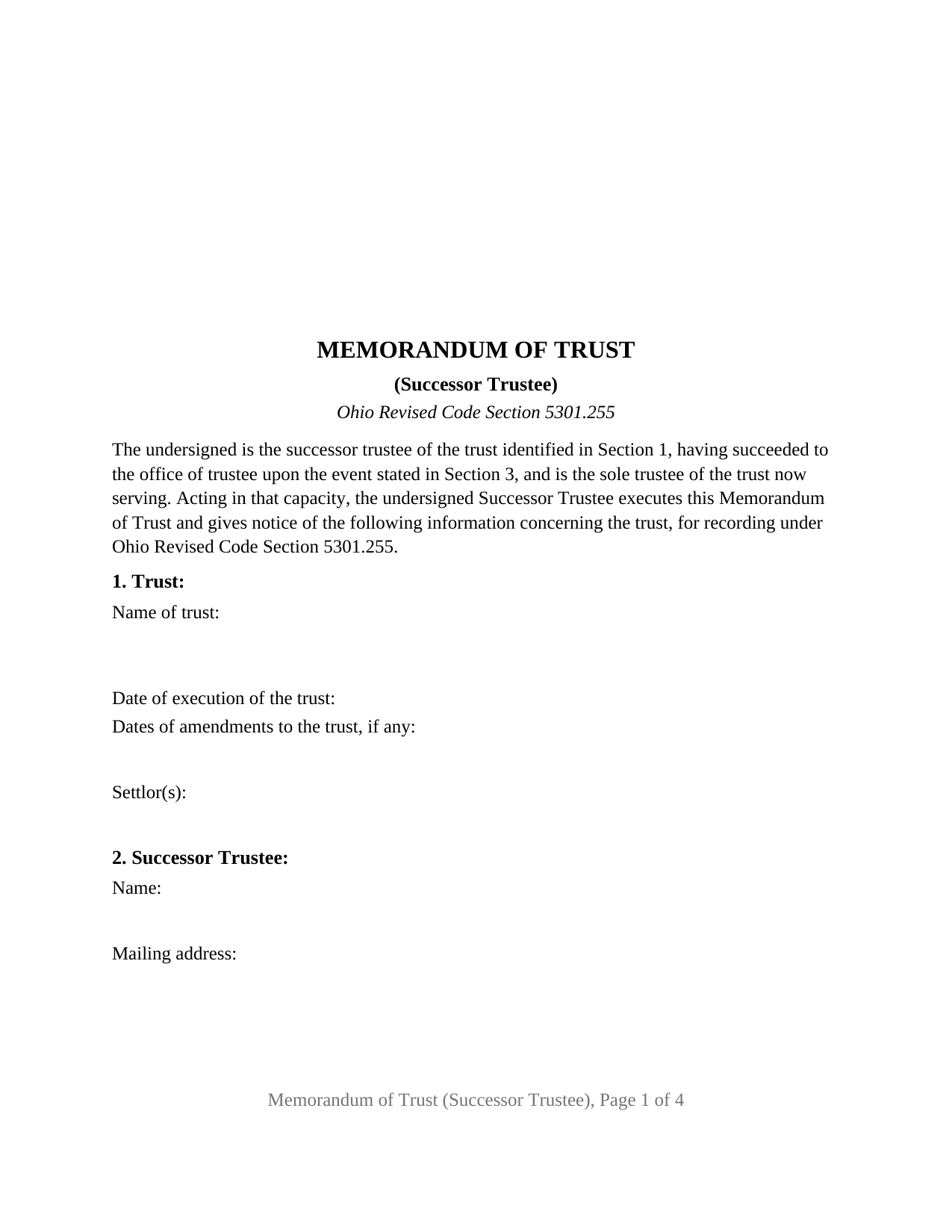 Ohio Memorandum of Trust (Successor Trustee)