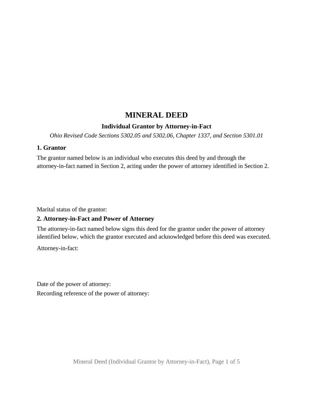 Ohio Mineral Deed (Individual Grantor by Attorney-in-Fact or POA)