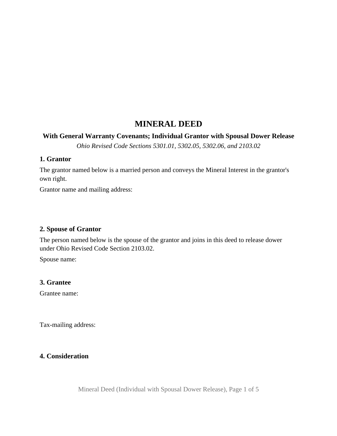 Ohio Mineral Deed (Individual with Spousal Dower Release)