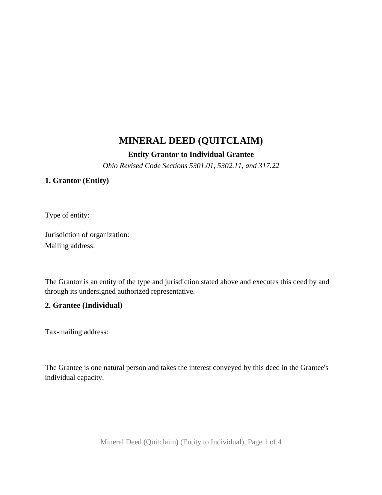 Ohio Mineral Deed (Quitclaim) (Entity to Individual)